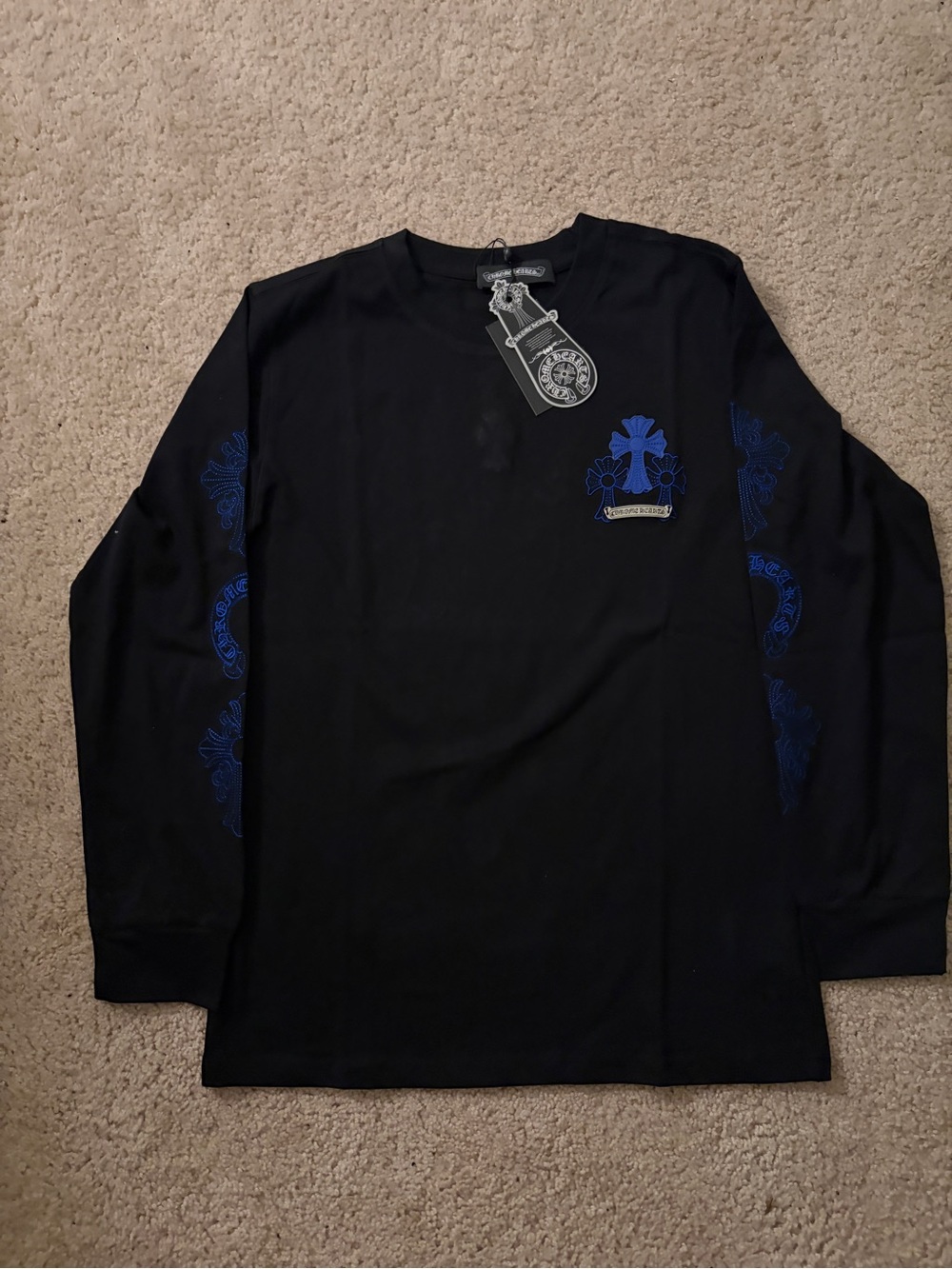 Chrome Hearts Black Long-Sleeve Crewneck with Blue Cross Graphics